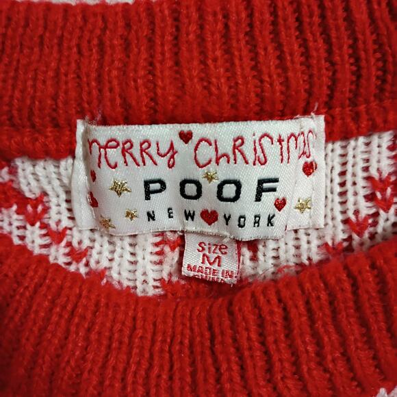 Ugly Christmas Sweater Med LAMA Santa PomPom Red Christmas Trees Snowflakes POOF - Picture 2 of 9